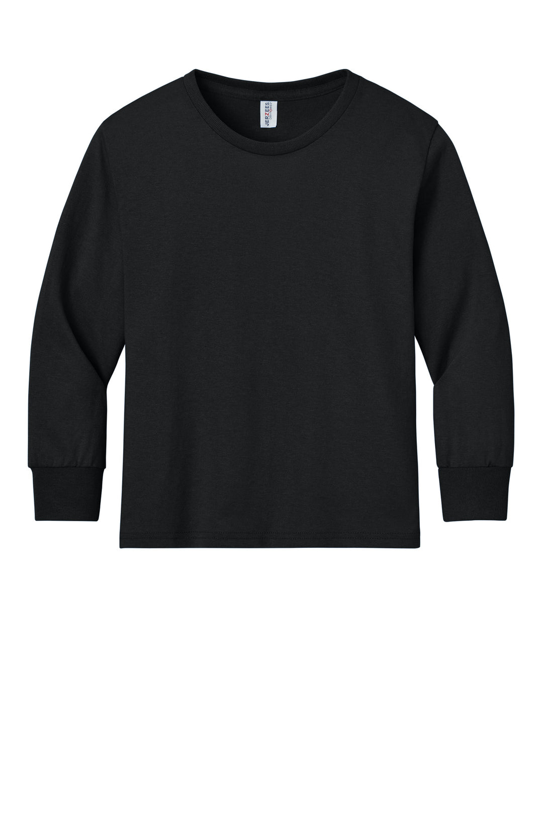 Front View of Black Jerzees Youth Dri-Power 50/50 Cotton/Poly Long Sleeve 29BL
