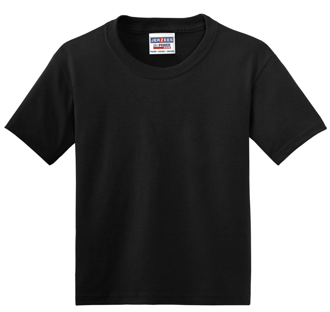 Front View of Black Jerzees - Youth Dri-Power 50/50 Cotton/Poly T-Shirt. 29B