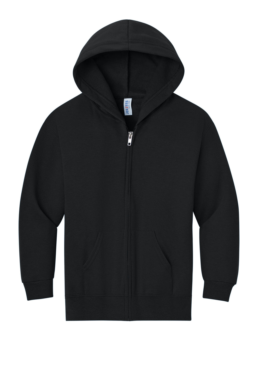 Front View of Black Jerzees - Youth NuBlend Full-Zip Hooded Sweatshirt. 993B