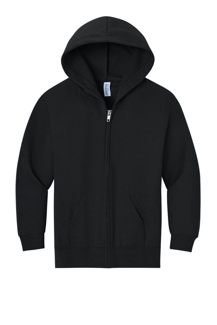 Front View of Black Jerzees - Youth NuBlend Full-Zip Hooded Sweatshirt. 993B