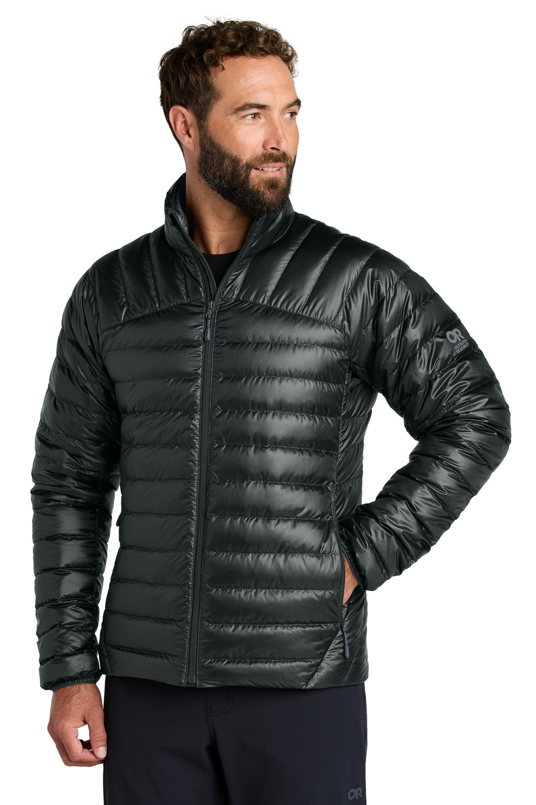 Front View of Black LIMITED EDITION Outdoor Research 800 Tech Down Jacket OR322228