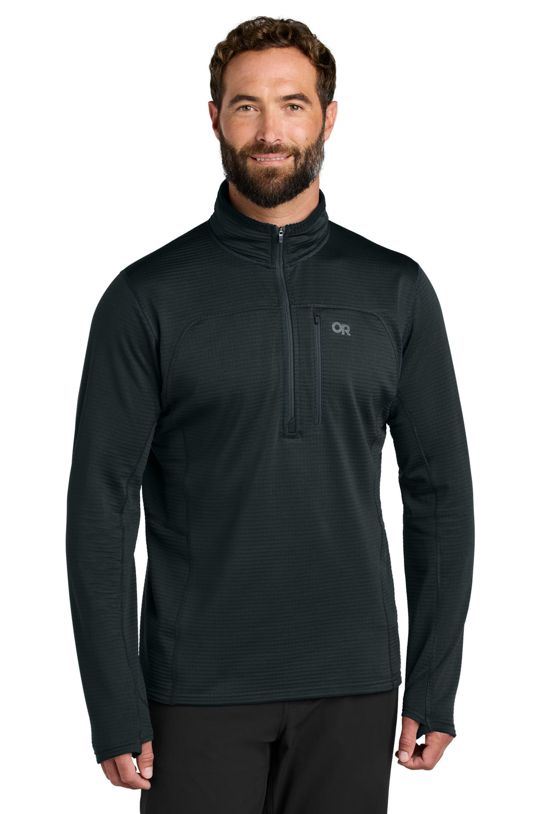 Front View of Black LIMITED EDITION Outdoor Research Tech Grid 1/4-Zip Fleece OR322267
