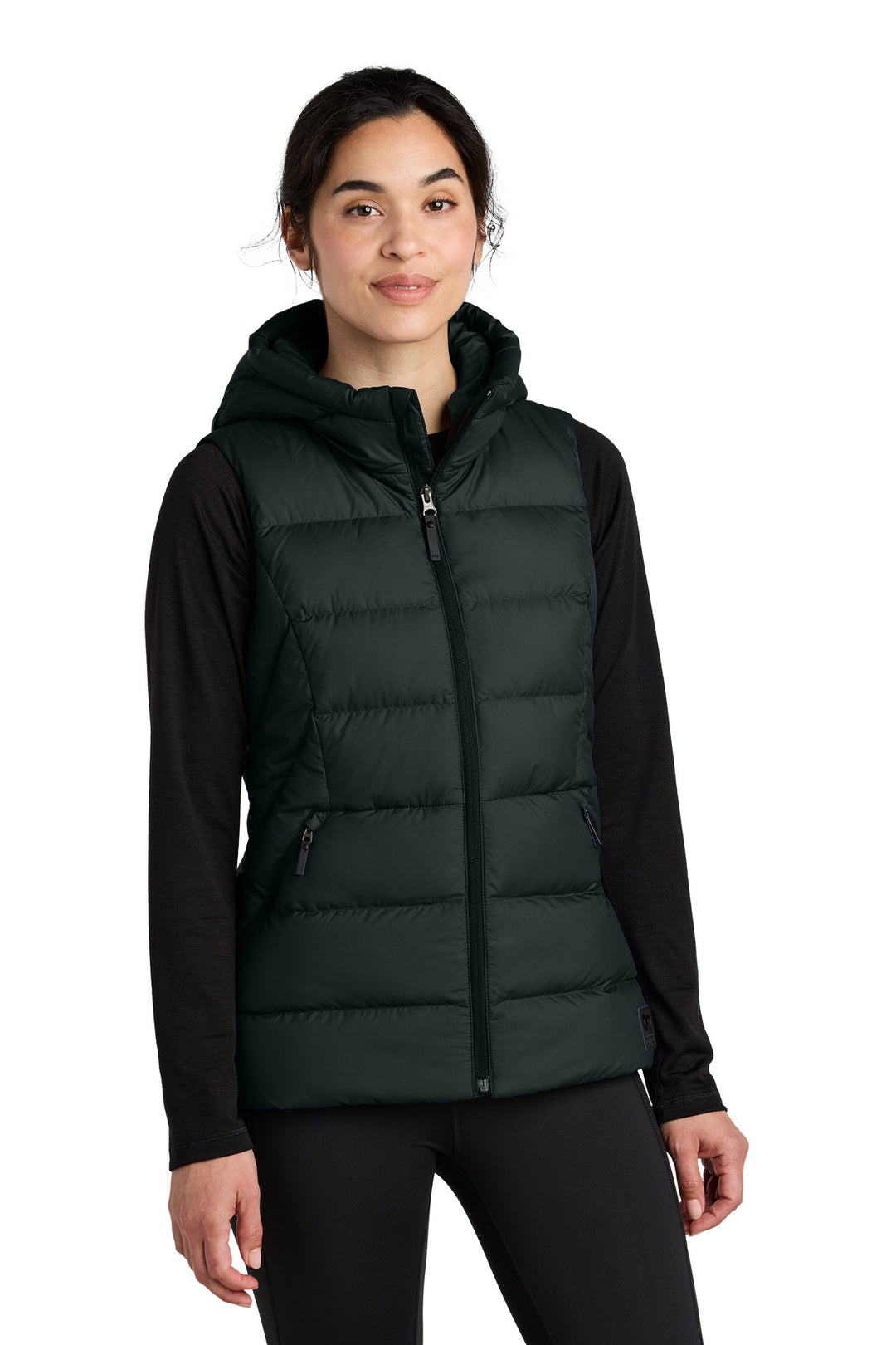 Front View of Black LIMITED EDITION Outdoor Research Women's Coldsnap Hooded Down Vest OR322218