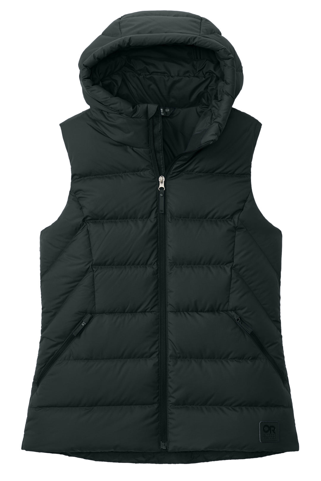 Front View of Black LIMITED EDITION Outdoor Research Women's Coldsnap Hooded Down Vest OR322218