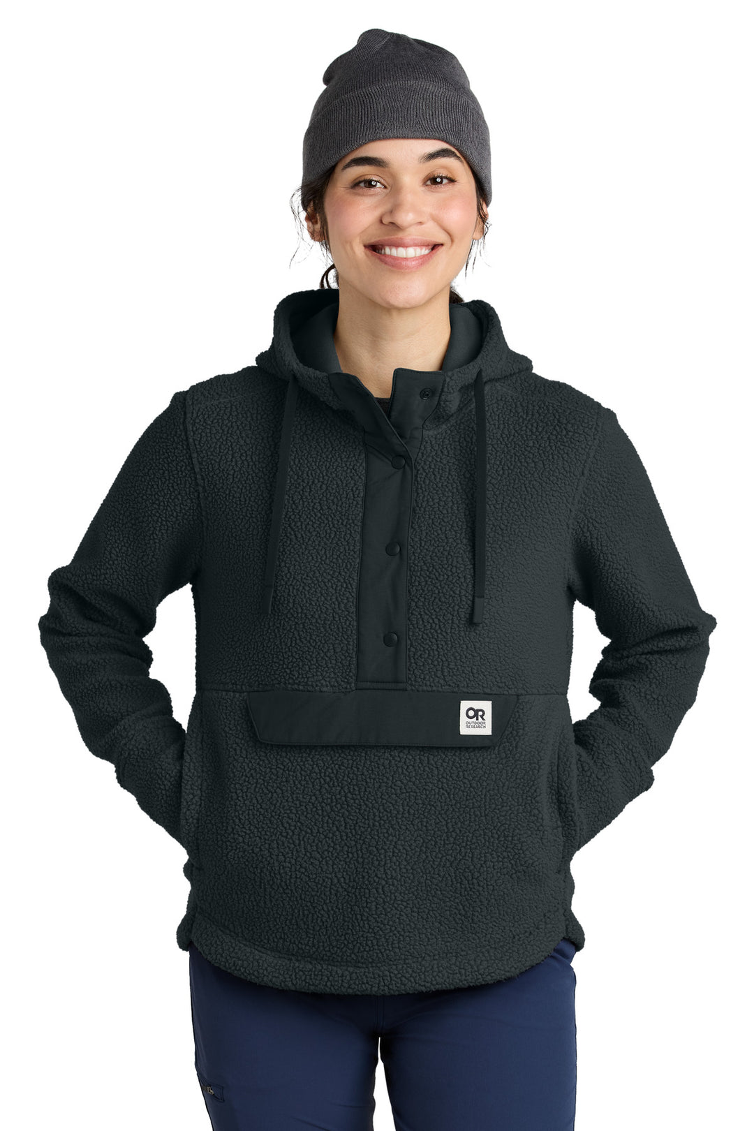 Front View of Black LIMITED EDITION Outdoor Research Women's Packwood Fleece Pullover Hoodie OR322268