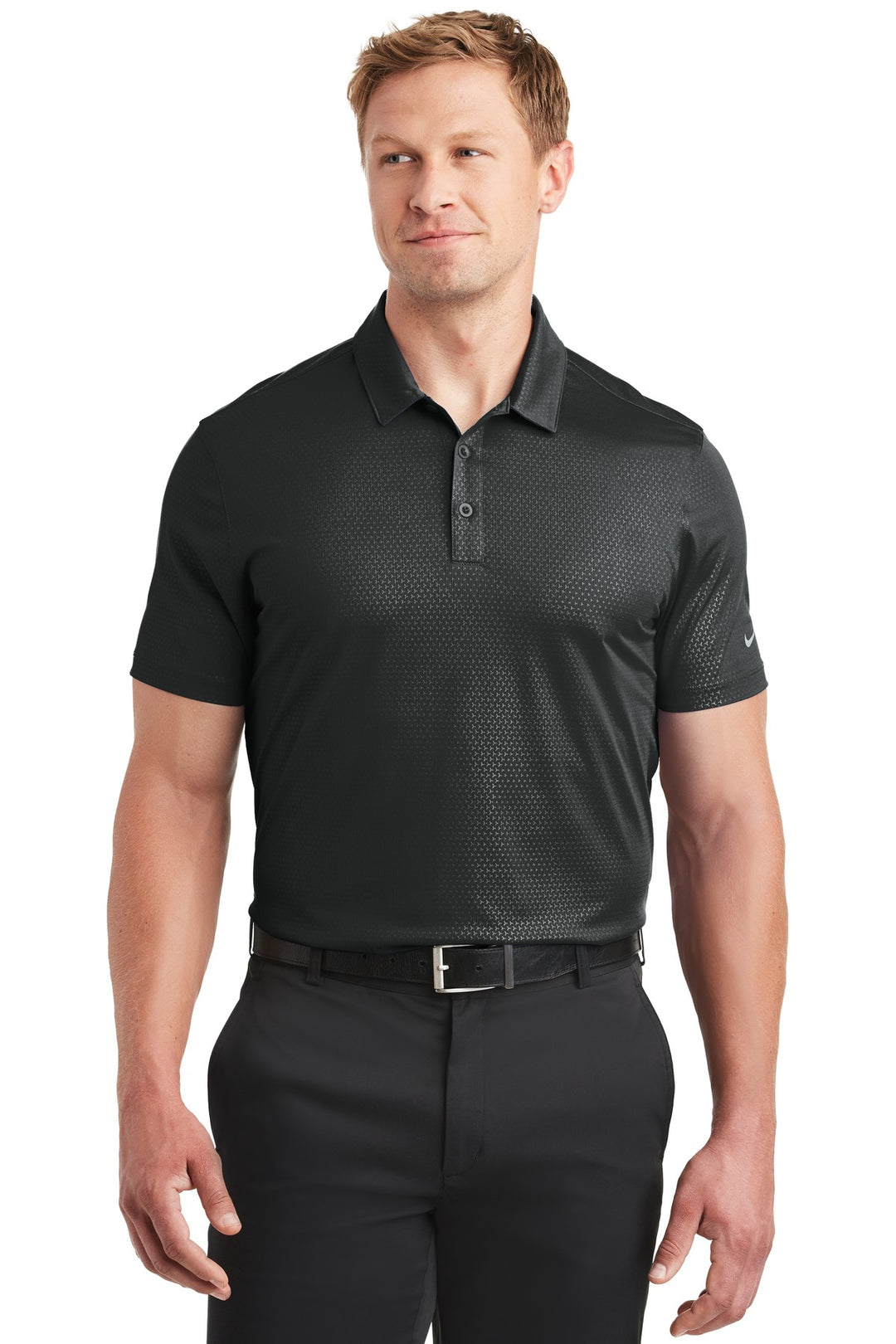 Front View of Black Nike Dri-FIT Embossed Tri-Blade Polo. 838964