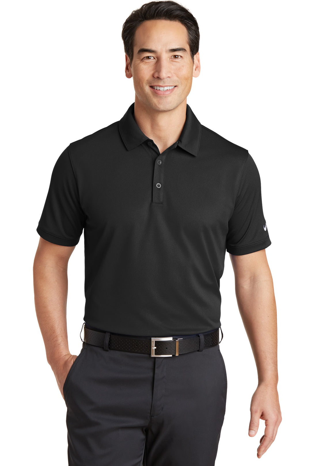 Front View of Black Nike Dri-FIT Solid Icon Pique Modern Fit Polo. 746099