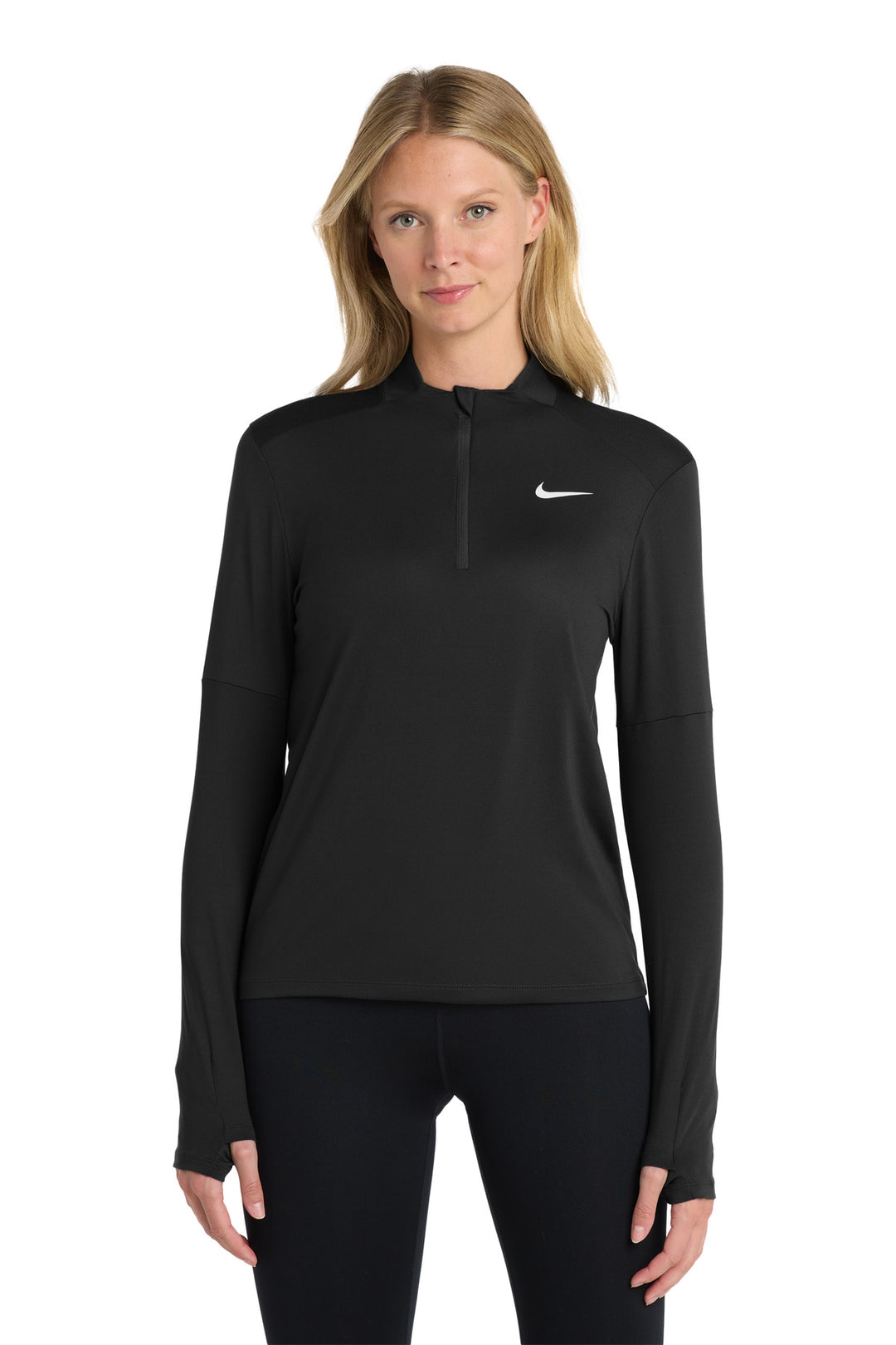 Front View of Black Nike Women's Dri-FIT Element 1/2-Zip Top NKDH4951