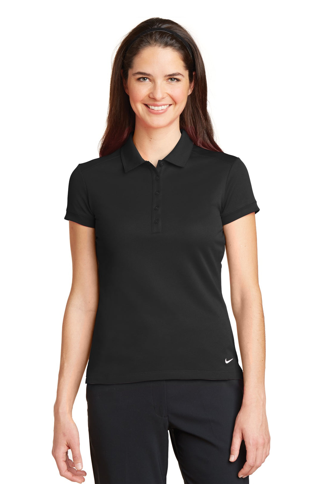 Front View of Black Nike Women's Dri-FIT Solid Icon Pique Modern Fit Polo. 746100