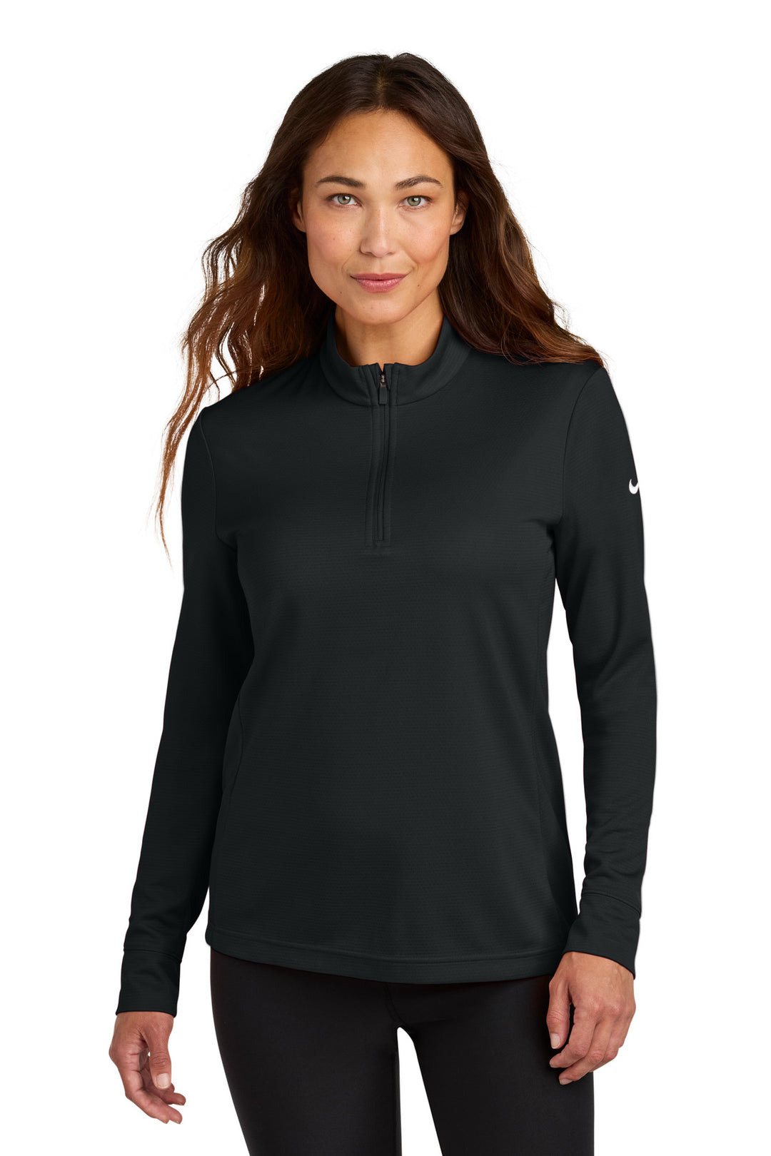 Front View of Black Nike Women's Essential 1/2-Zip Cover-Up NKHM7969