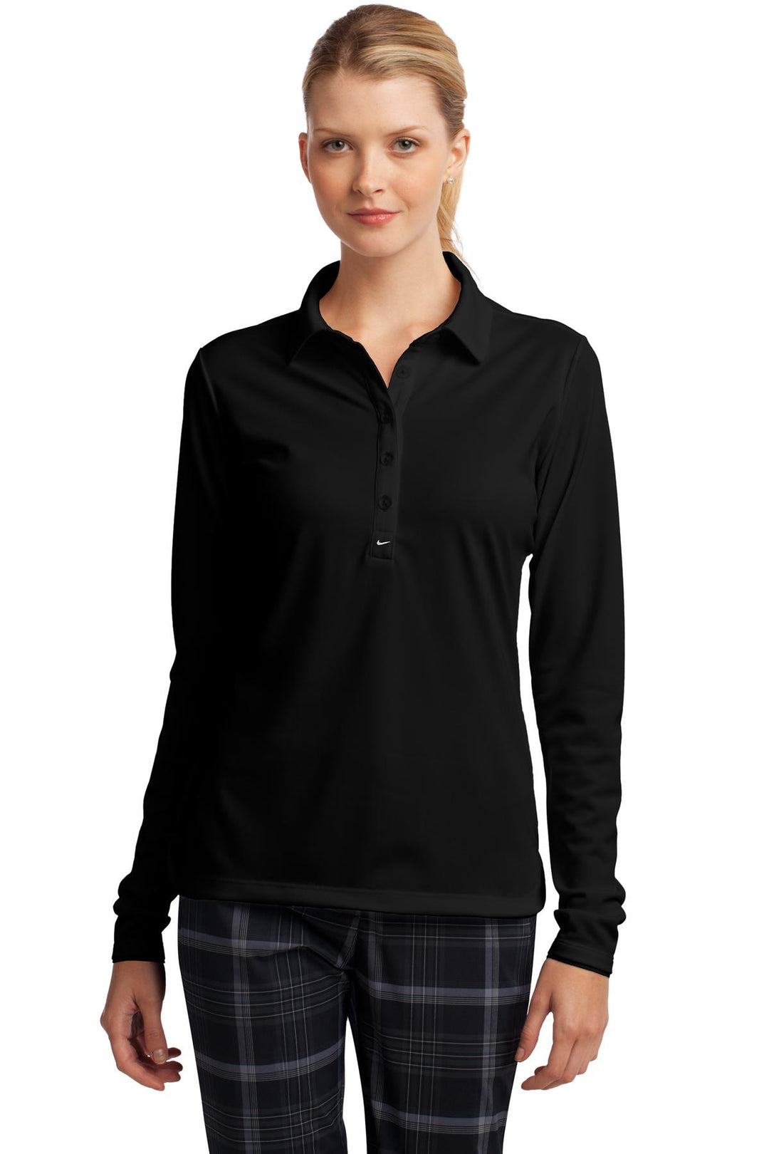 Front View of Black Nike Women's Long Sleeve Dri-FIT Stretch Tech Polo. 545322