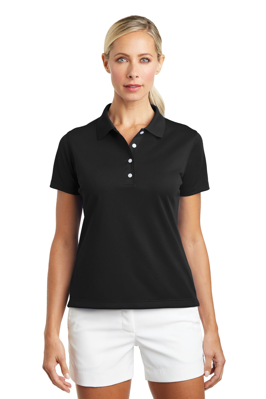 Front View of Black Nike Women's Tech Basic Dri-FIT Polo. 203697