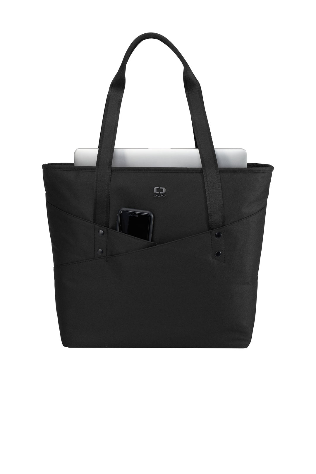 Front View of Black OGIO Downtown Tote. 94000