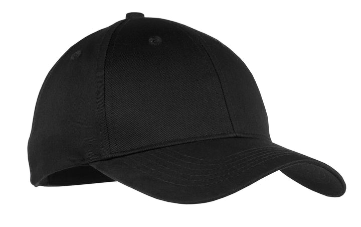 Front View of Black Port & Company Youth Six-Panel Twill Cap. YCP80