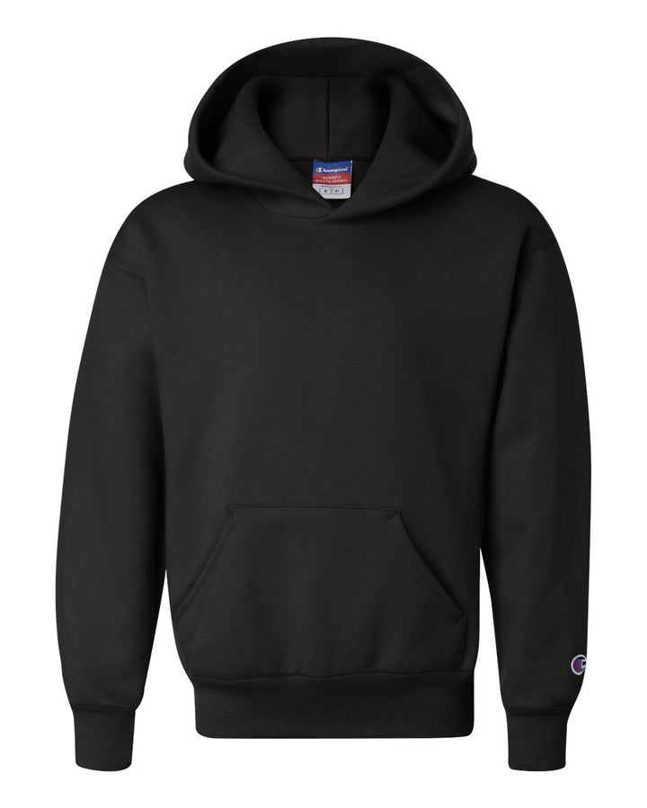 Front View of Black Powerblend® Youth Hooded Sweatshirt - S790