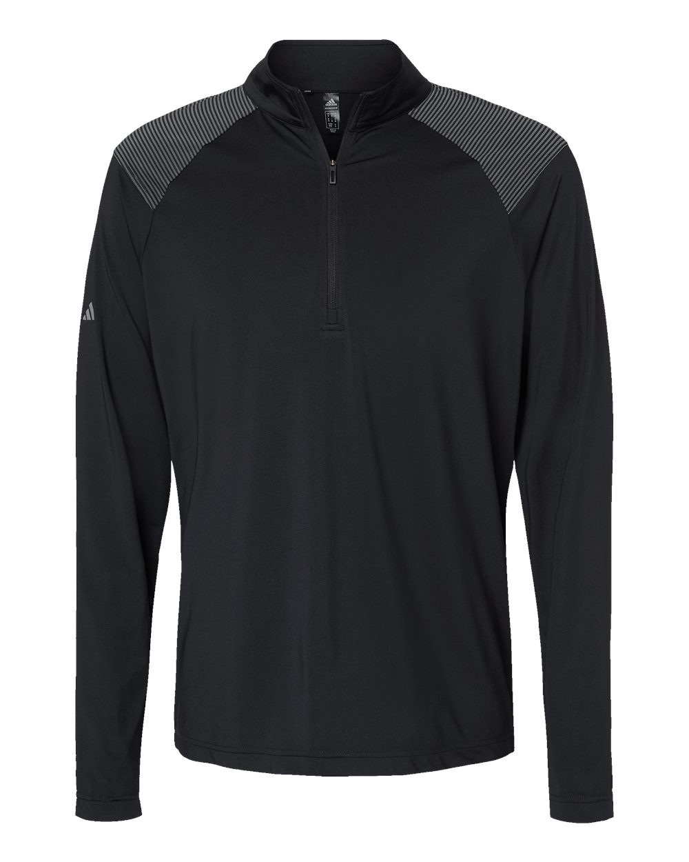 Front View of Black Shoulder Stripe Quarter-Zip Pullover - A520