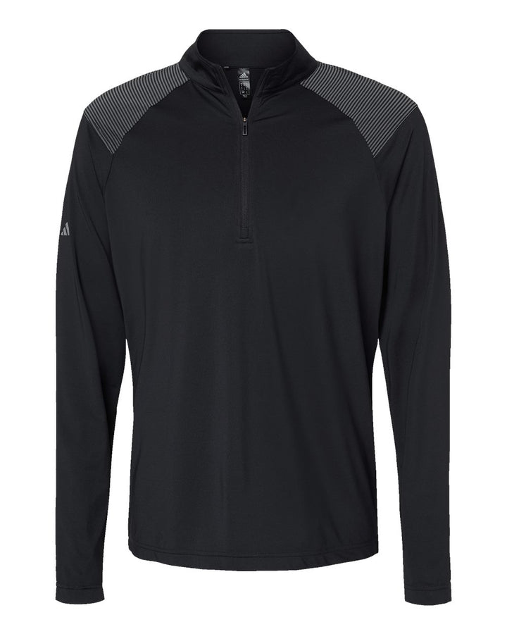Front View of Black Shoulder Stripe Quarter-Zip Pullover - A520