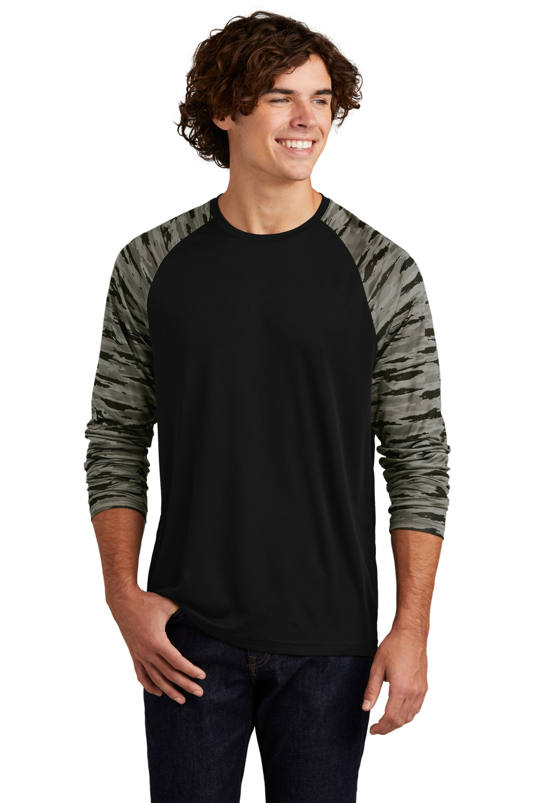 Front View of Black Sport-Tek Drift Camo Colorblock Long Sleeve Tee ST376LS