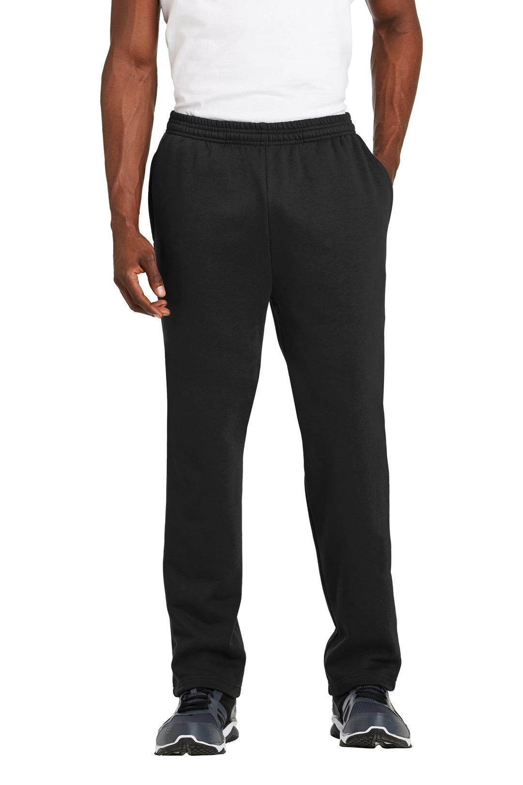 Front View of Black Sport-Tek Open Bottom Sweatpant. ST257