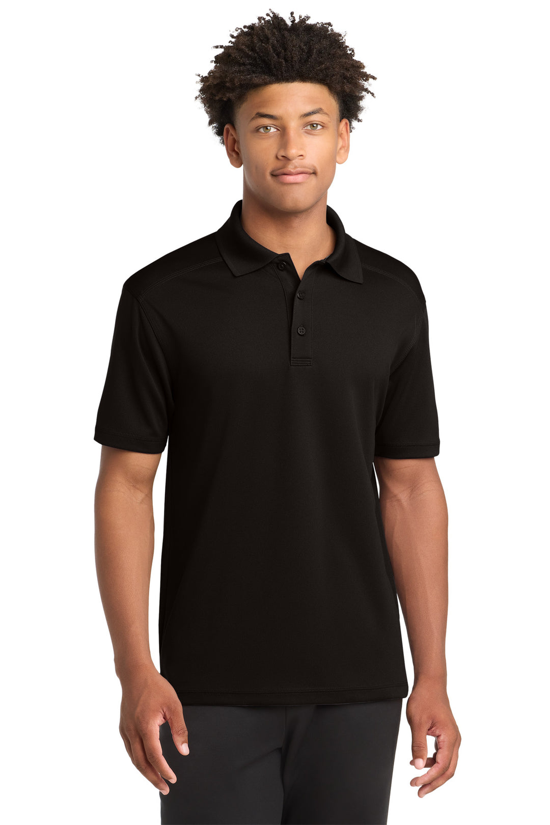 Front View of Black Sport-Tek PosiCharge Micro-Mesh Polo. ST680