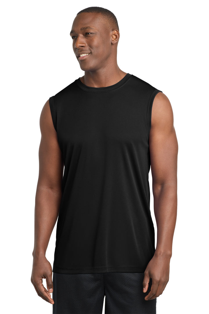 Front View of Black Sport-Tek Sleeveless PosiCharge Competitor Tee. ST352