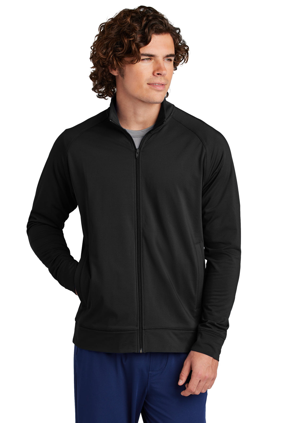Front View of Black Sport-Tek Sport-Wick Stretch Full-Zip Cadet Jacket ST857