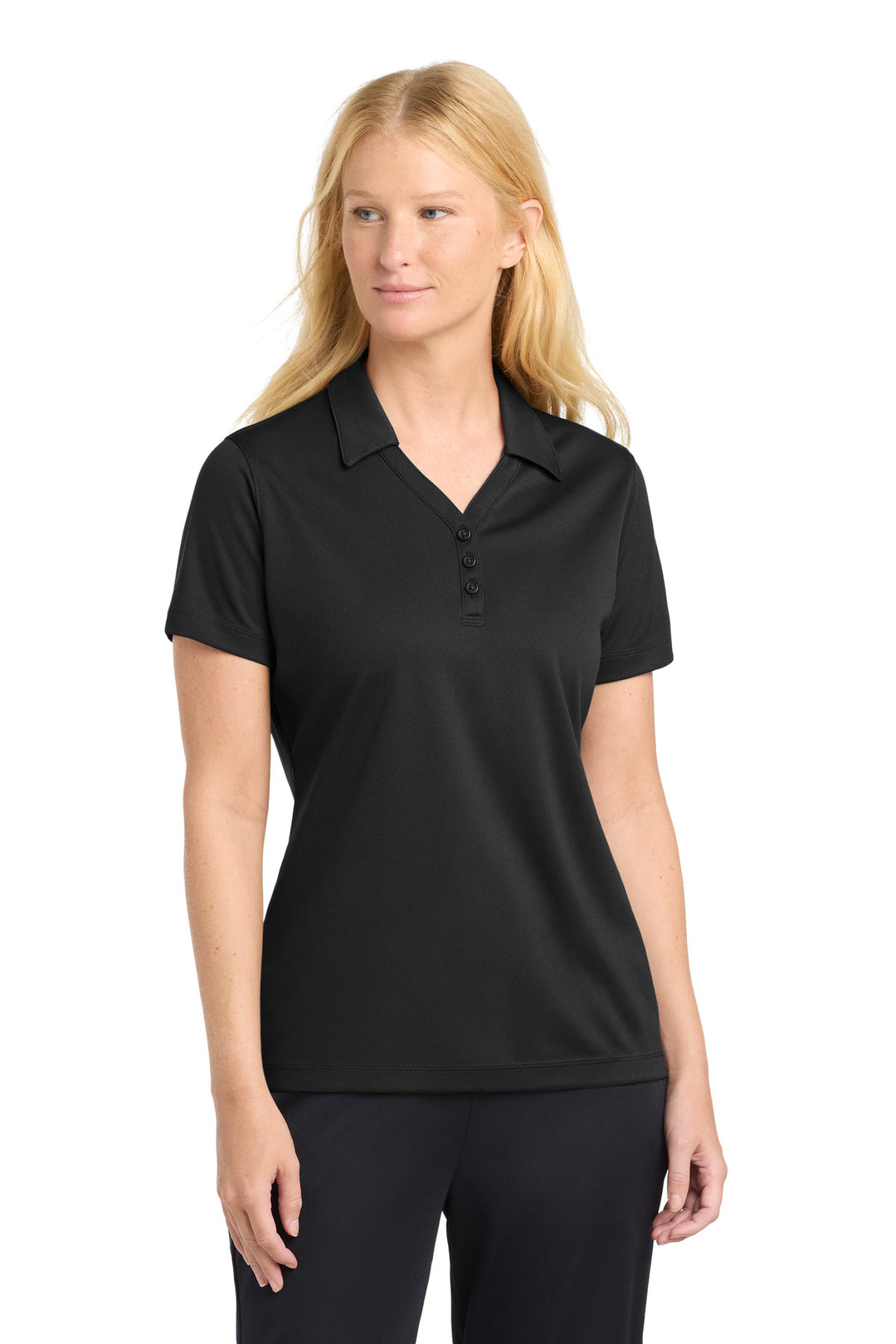 Front View of Black Sport-Tek Women's PosiCharge Micro-Mesh Polo. LST680