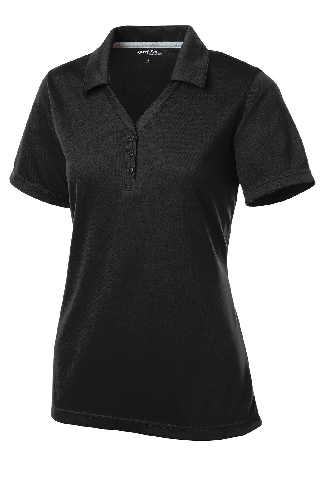 Front View of Black Sport-Tek Women's PosiCharge Micro-Mesh Polo. LST680