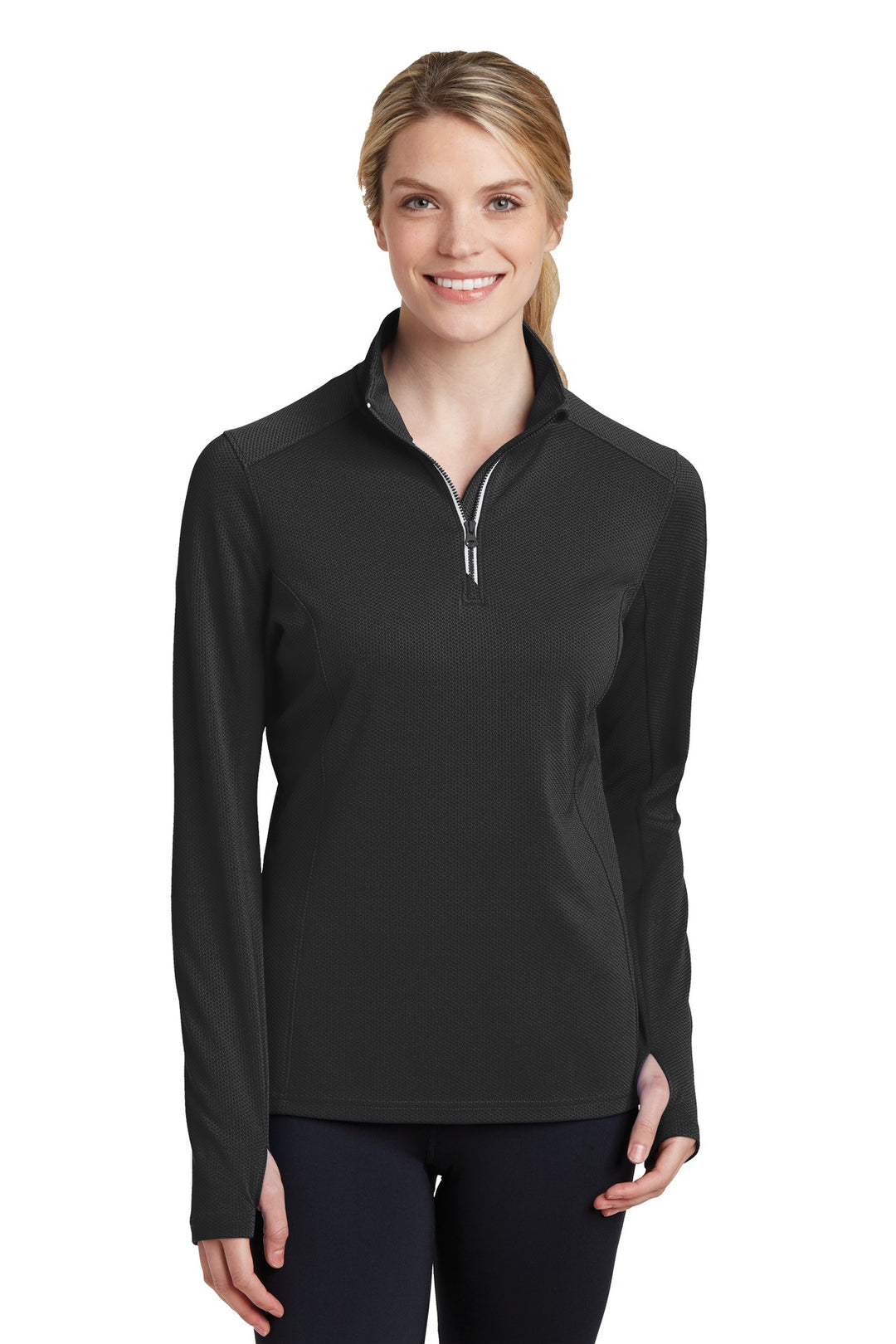 Front View of Black Sport-Tek Women's Sport-Wick Textured 1/4-Zip Pullover. LST860