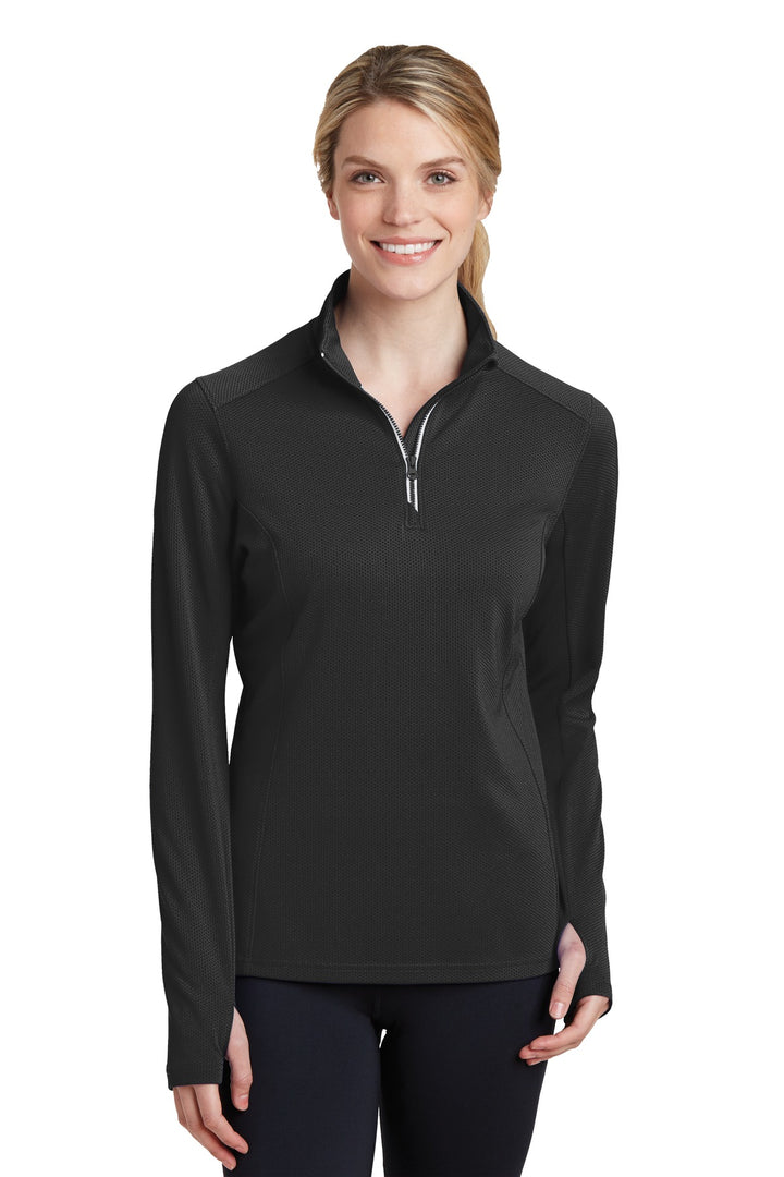 Front View of Black Sport-Tek Women's Sport-Wick Textured 1/4-Zip Pullover. LST860