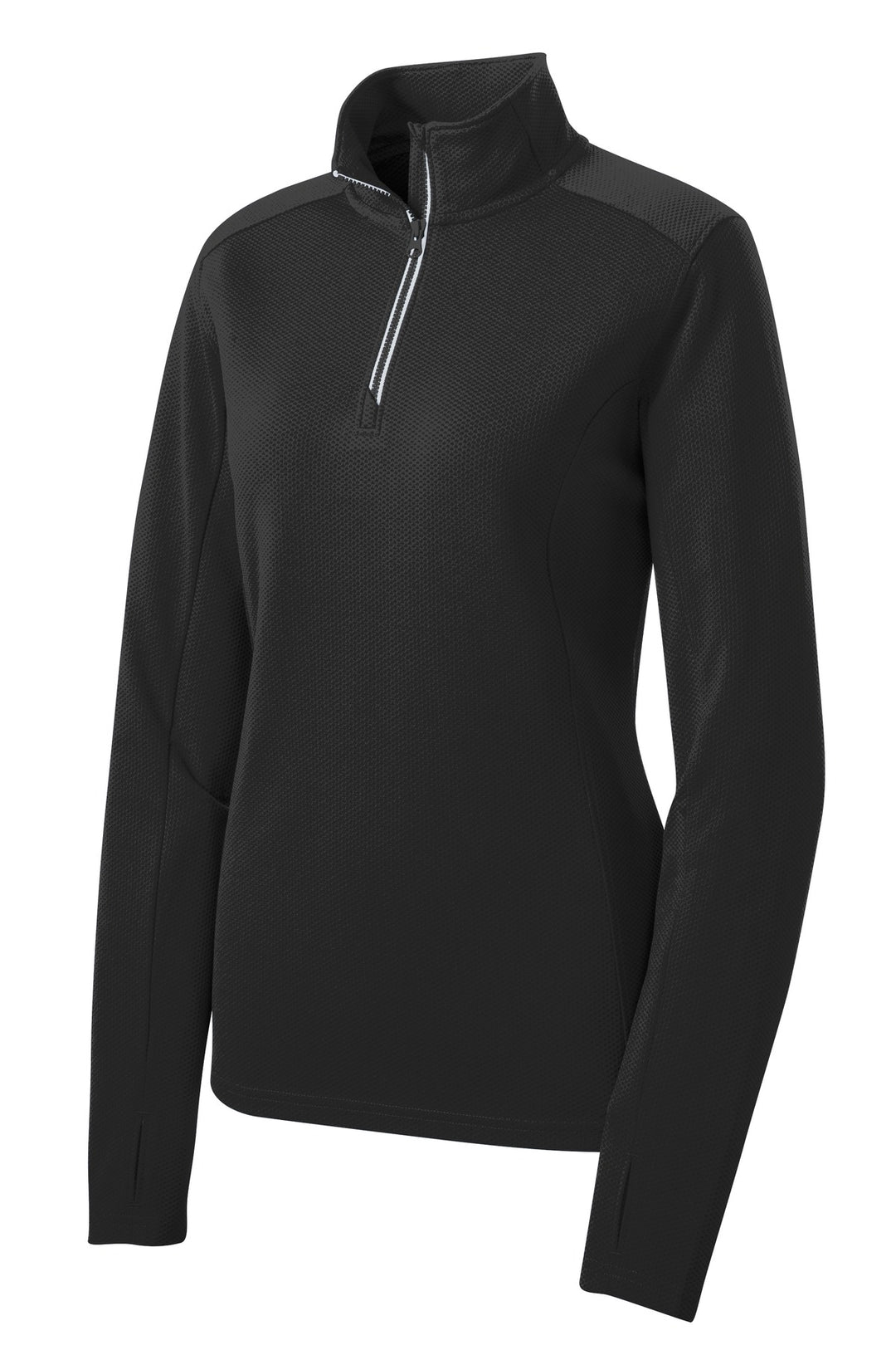 Front View of Black Sport-Tek Women's Sport-Wick Textured 1/4-Zip Pullover. LST860