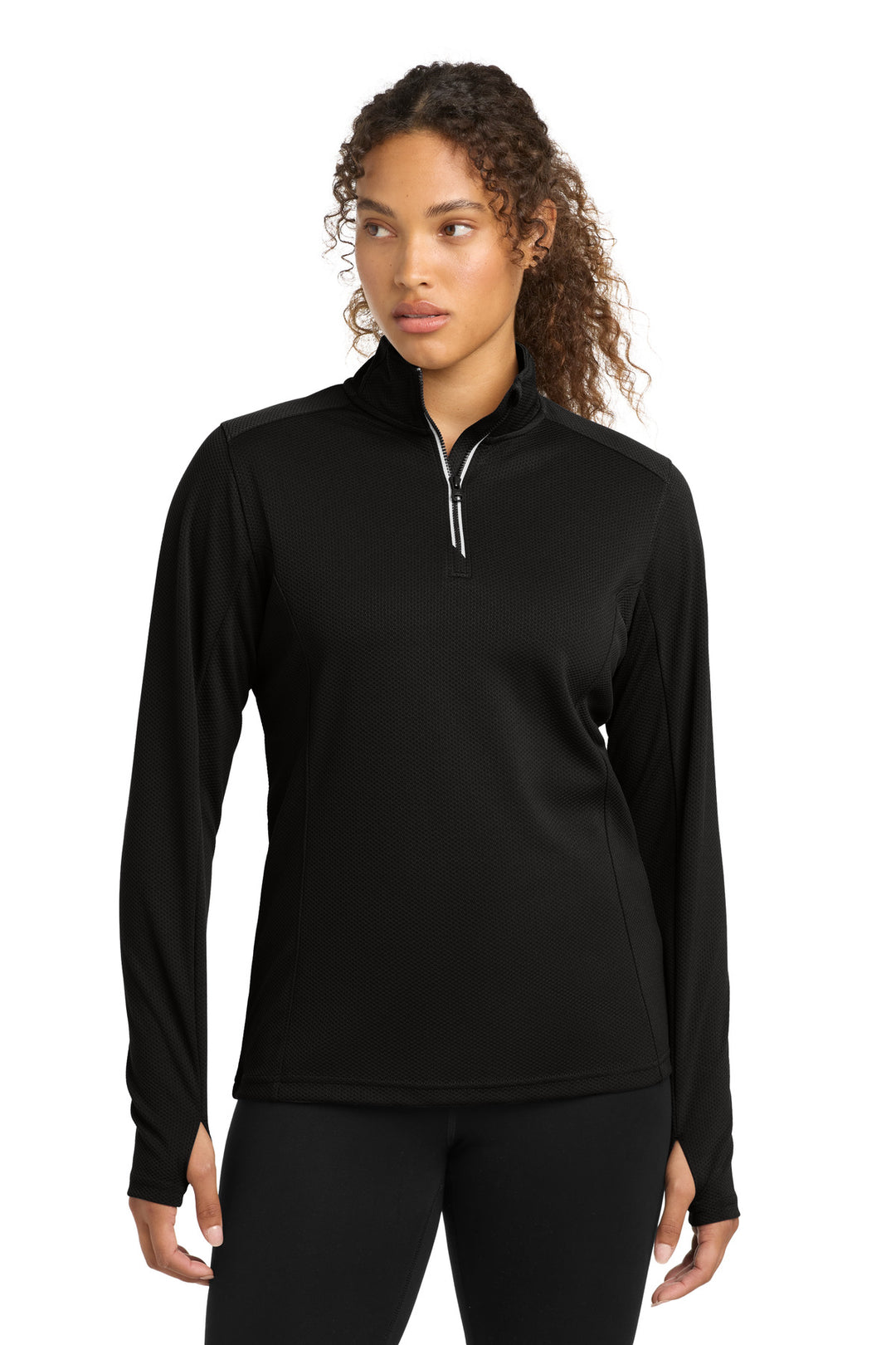 Front View of Black Sport-Tek Women's Sport-Wick Textured 1/4-Zip Pullover. LST860