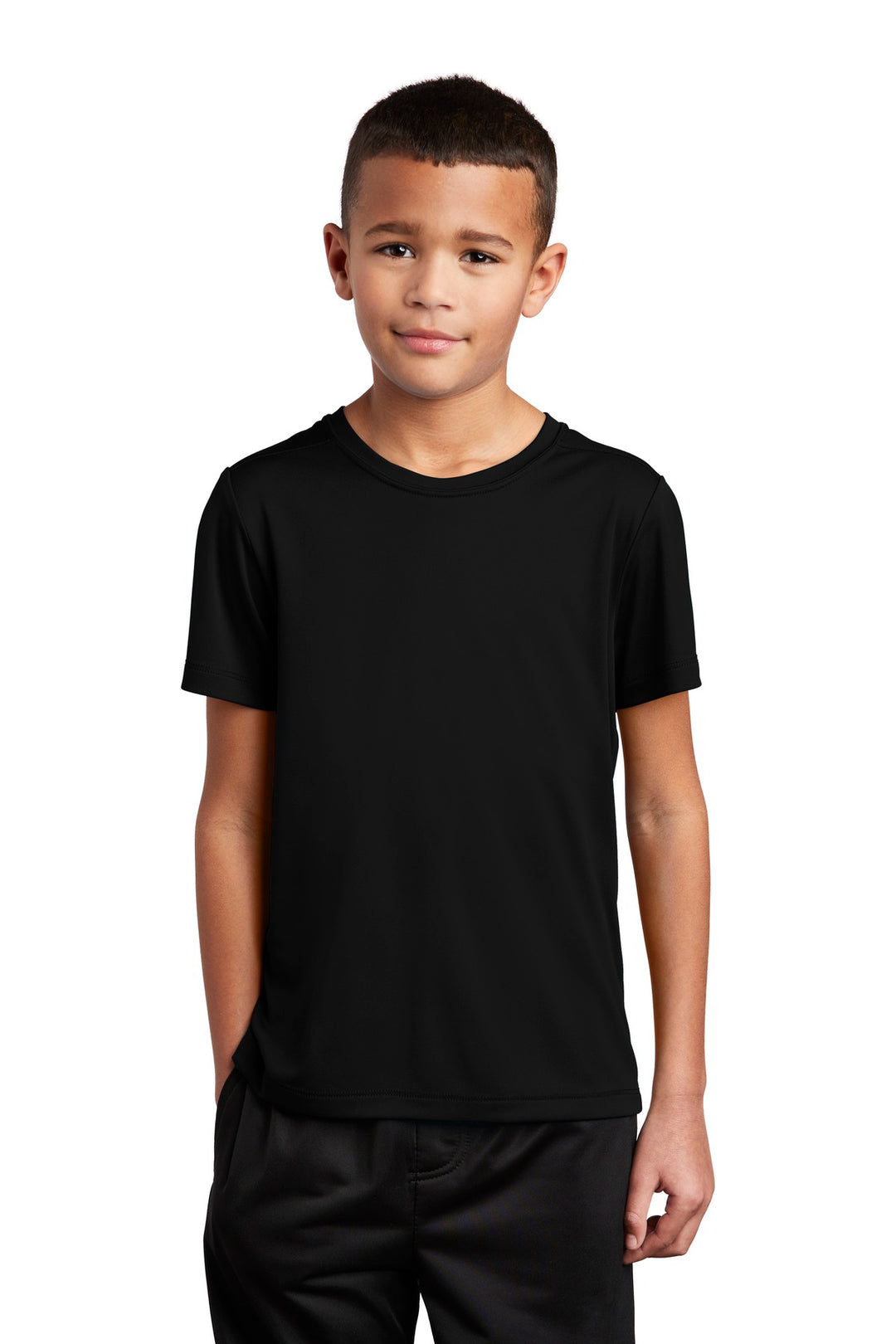 Front View of Black Sport-Tek Youth Posi-UV Pro Tee. YST420
