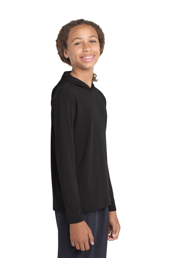 Front View of Black Sport-Tek Youth PosiCharge Competitor Hooded Pullover. YST358