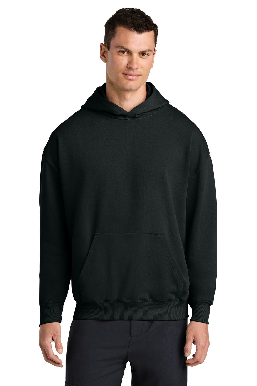 Front View of Black Stanley/Stella Unisex Cooper Dry Hooded Sweatshirt SXU028