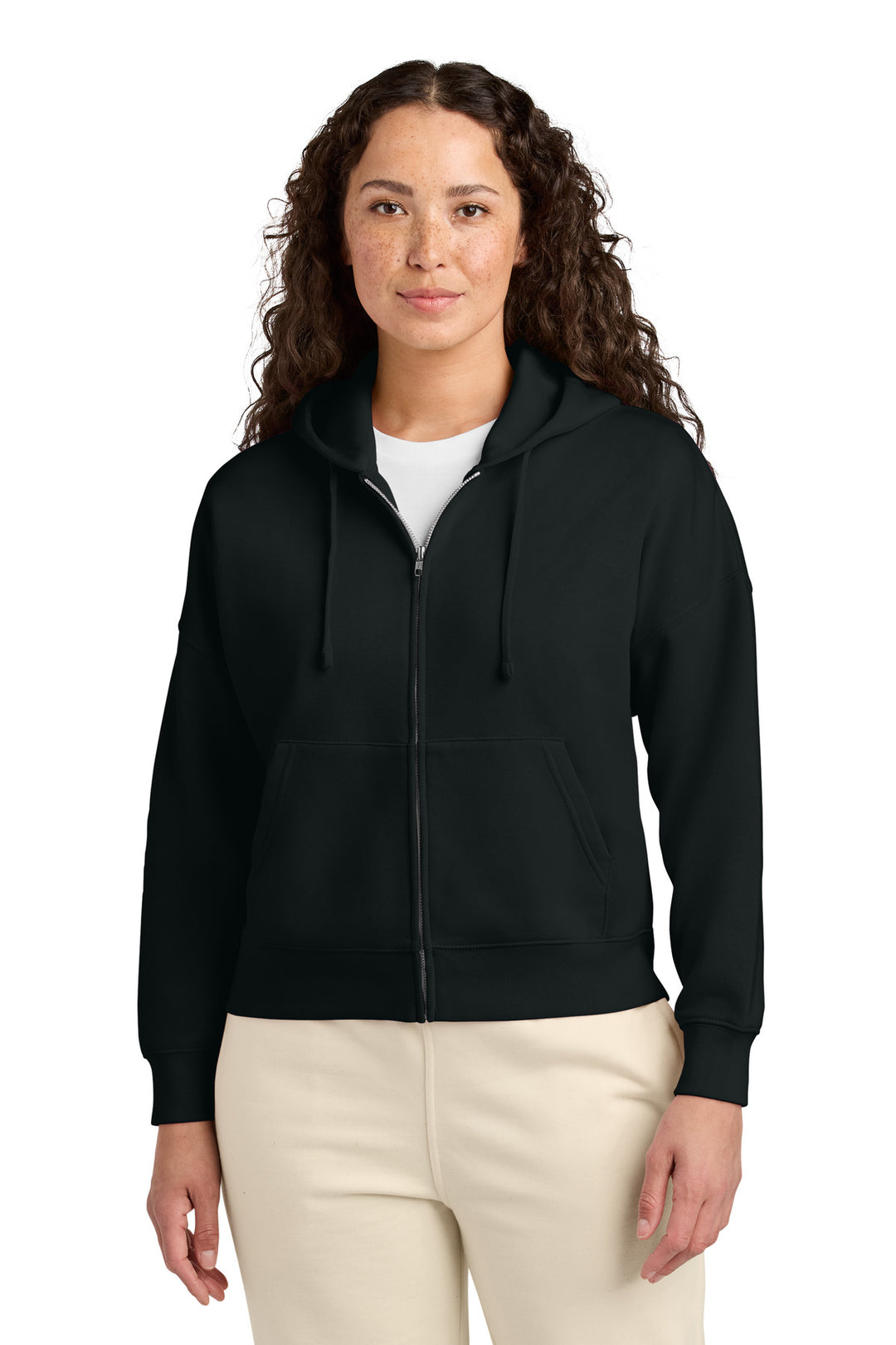 Front View of Black Stanley/Stella Women's Stella Ida Full-Zip Hooded Sweatshirt SXW037