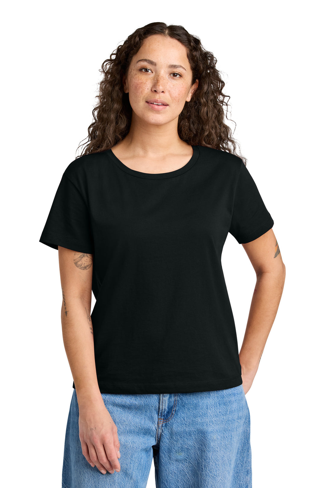 Front View of Black Stanley/Stella Women's Stella Serena Scoop Neck Tee SXW008
