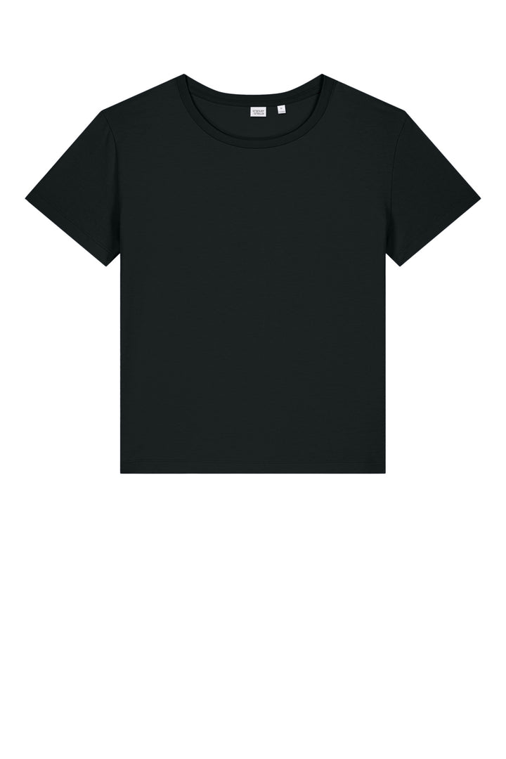 Front View of Black Stanley/Stella Women's Stella Serena Scoop Neck Tee SXW008