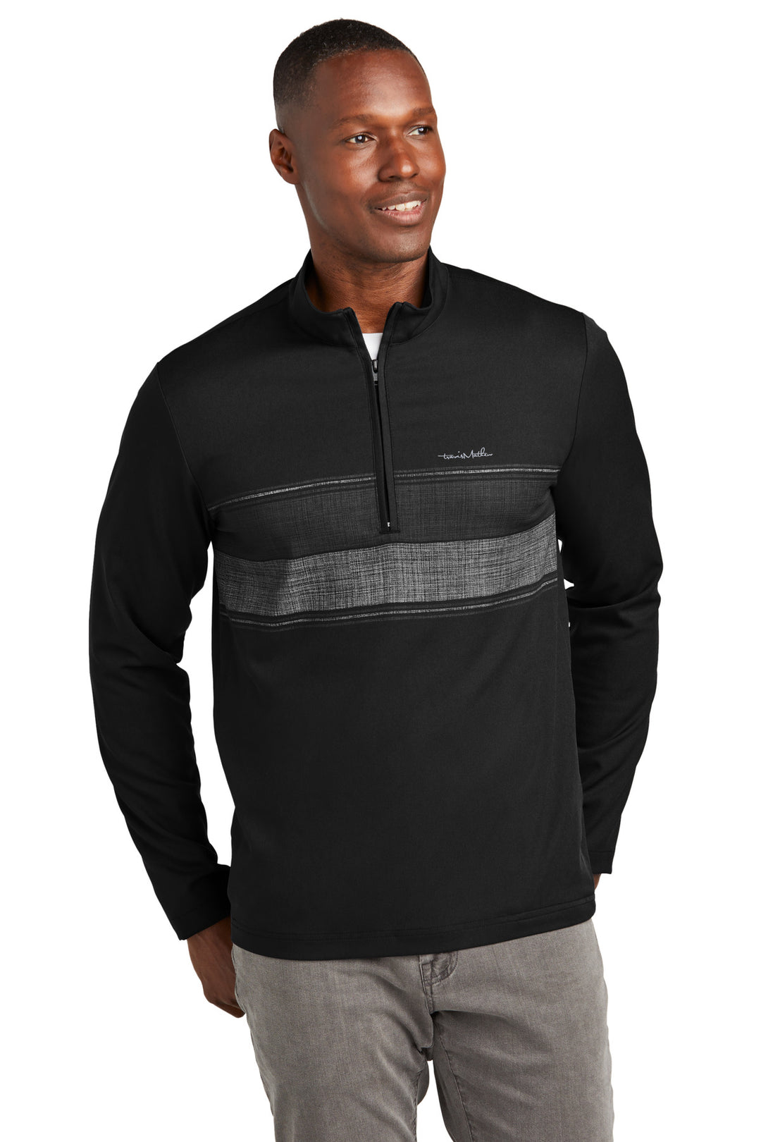 Front View of Black TravisMathew Balboa Chest Stripe 1/4-Zip TM1MZ340