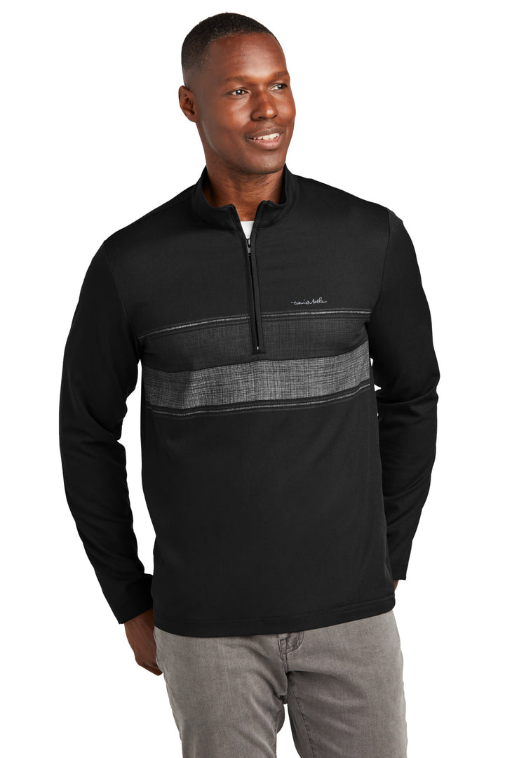 Front View of Black TravisMathew Balboa Chest Stripe 1/4-Zip TM1MZ340