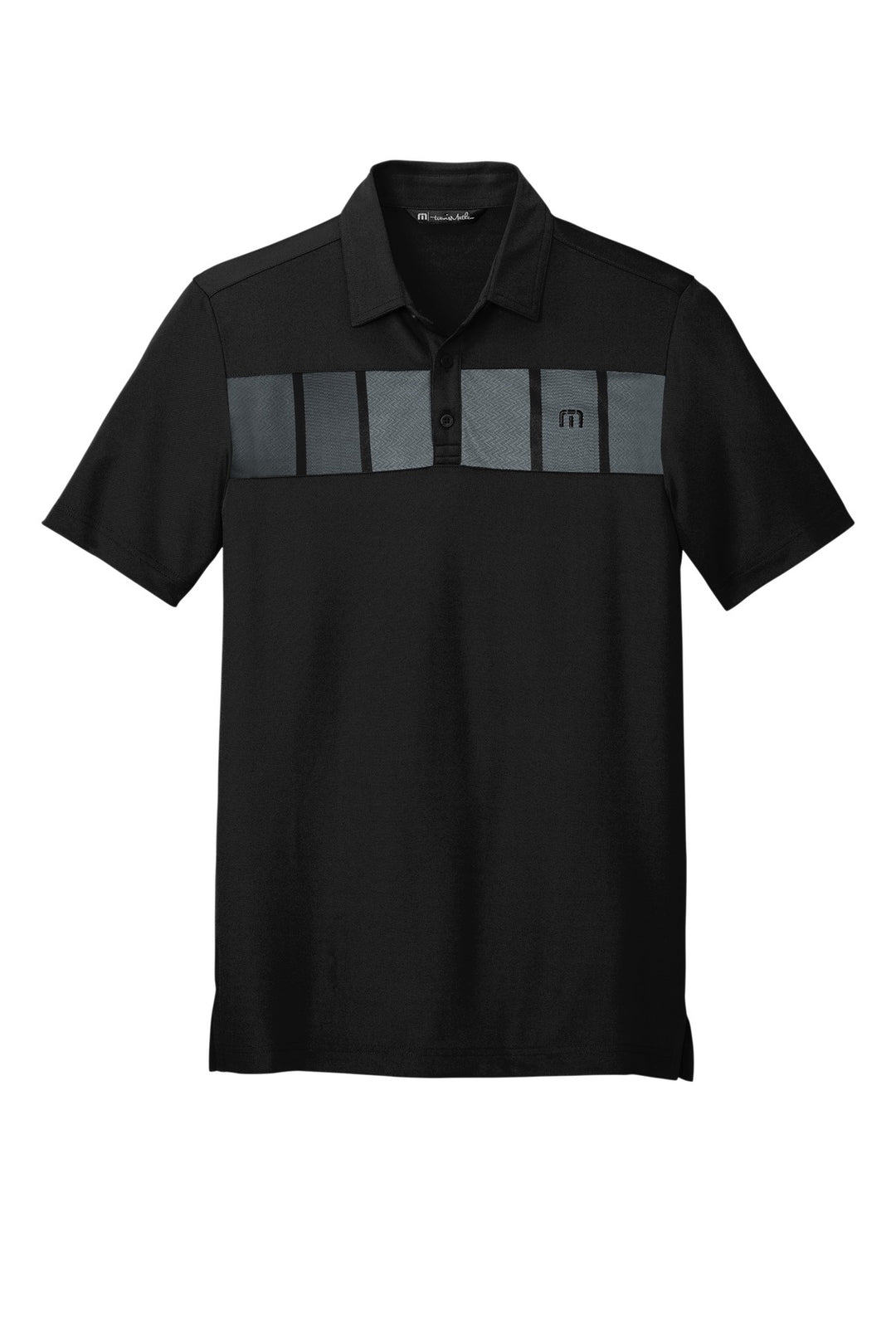 Front View of Black TravisMathew Cabana Chest Stripe Polo. TM1MU416
