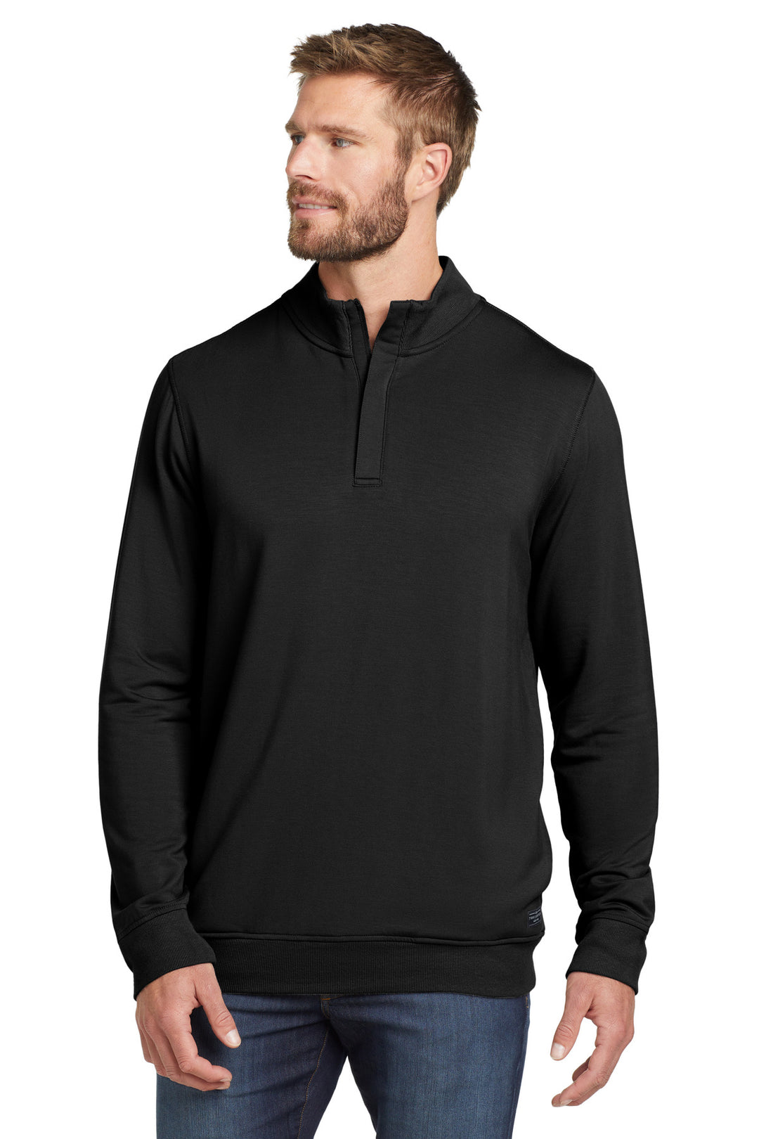 Front View of Black TravisMathew Newport 1/4-Zip Fleece. TM1MU419