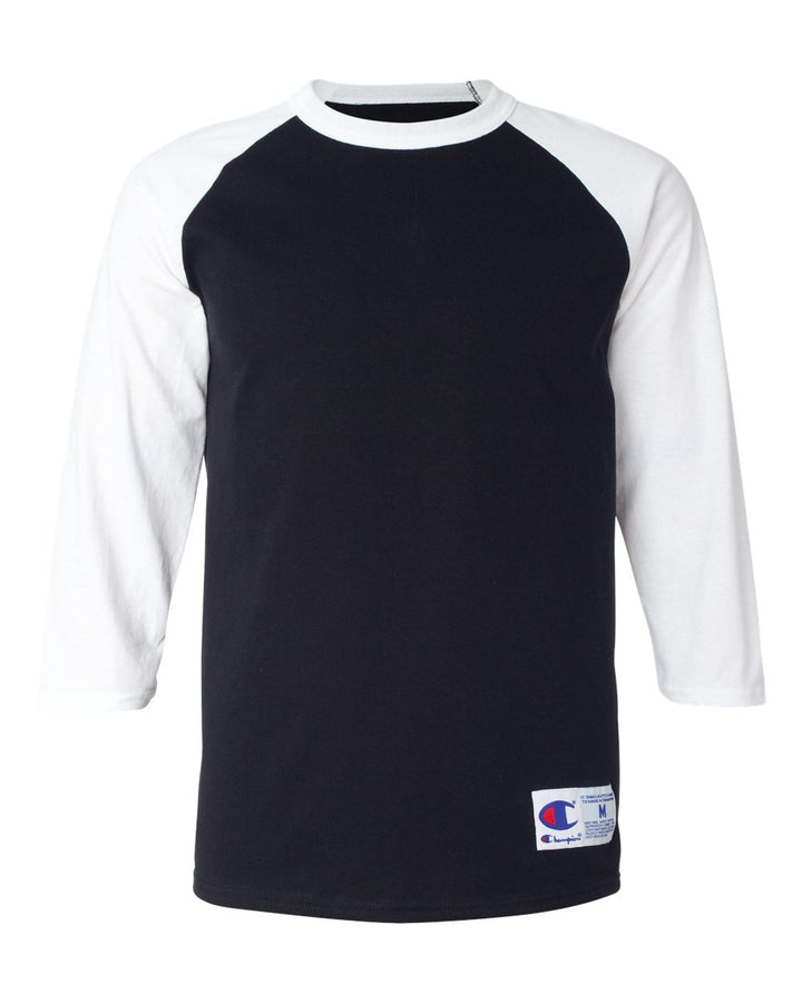 Front View of Black/ White Raglan Sleeve Baseball T-Shirt - T137