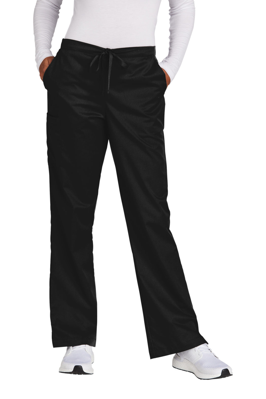 Front View of Black Wink Women's Petite WorkFlex Flare Leg Cargo Pant WW4750P