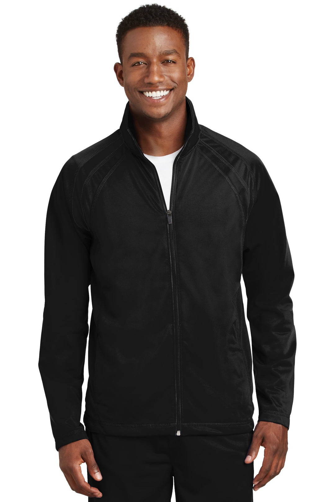 Front View of Black/Black Sport-Tek Tricot Track Jacket. JST90