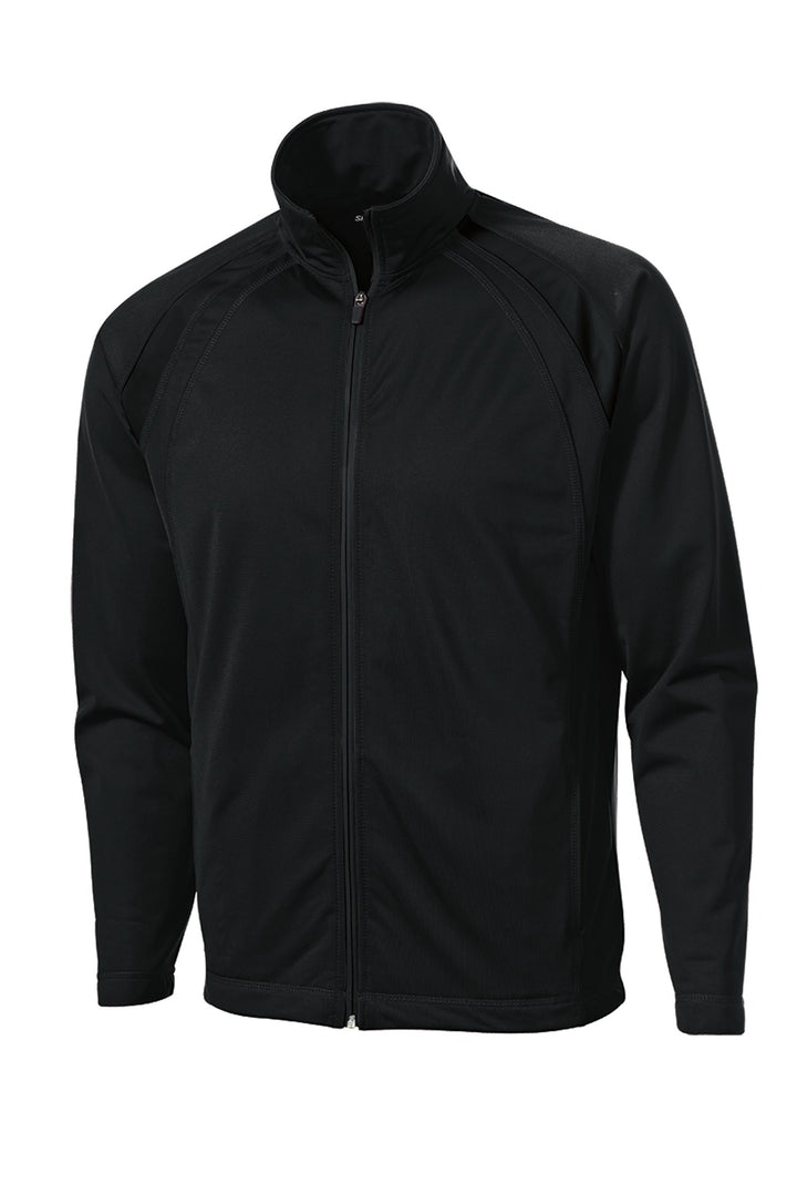 Front View of Black/Black Sport-Tek Tricot Track Jacket. JST90