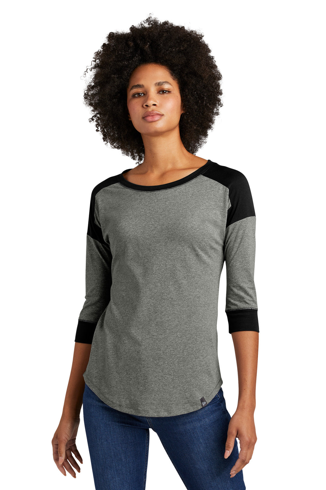 Front View of Black/Black Tw New Era Women's Heritage Blend 3/4-Sleeve Baseball Raglan Tee. LNEA104