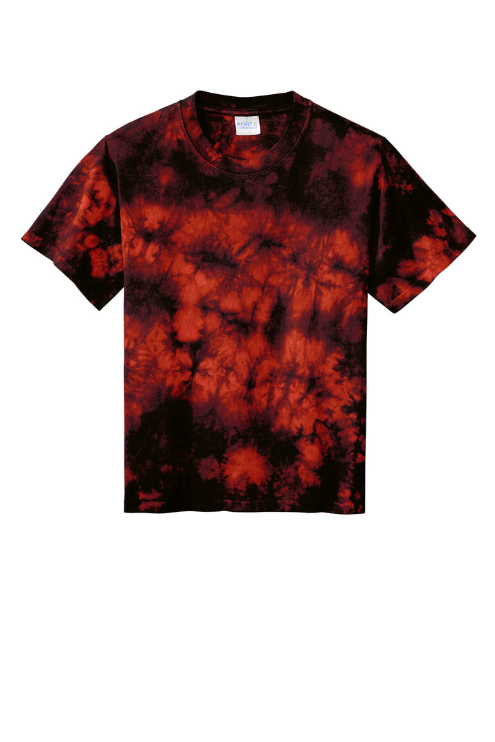 Front View of Black/Red Port & Company Youth Crystal Tie-Dye Tee PC145Y