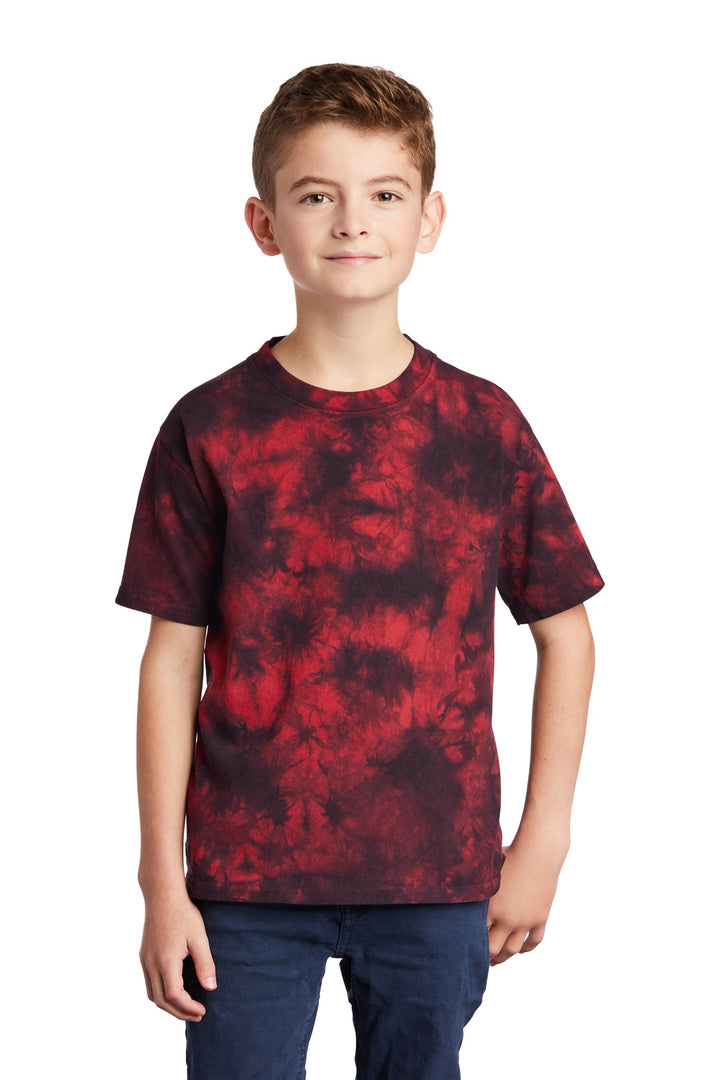 Front View of Black/Red Port & Company Youth Crystal Tie-Dye Tee PC145Y