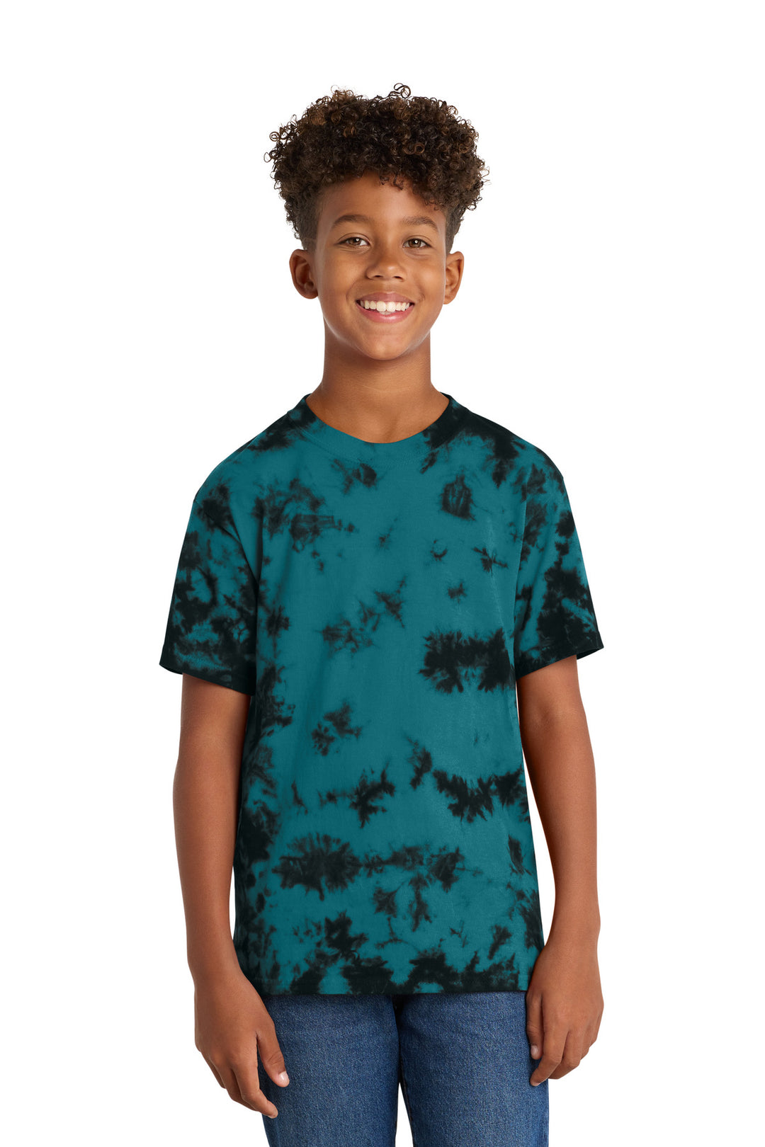 Front View of Black/Teal Port & Company Youth Crystal Tie-Dye Tee PC145Y